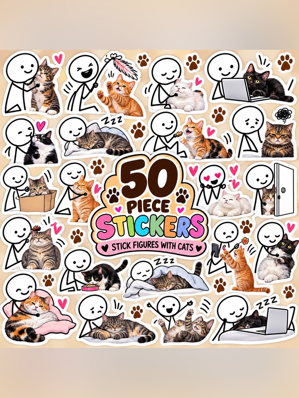 Stick Figures with Cats-Set of 50 Stickers